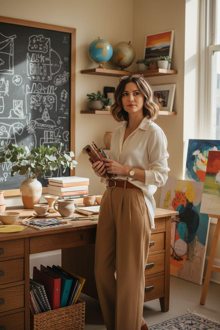 Business casual outfits with cream blouse for teacher style