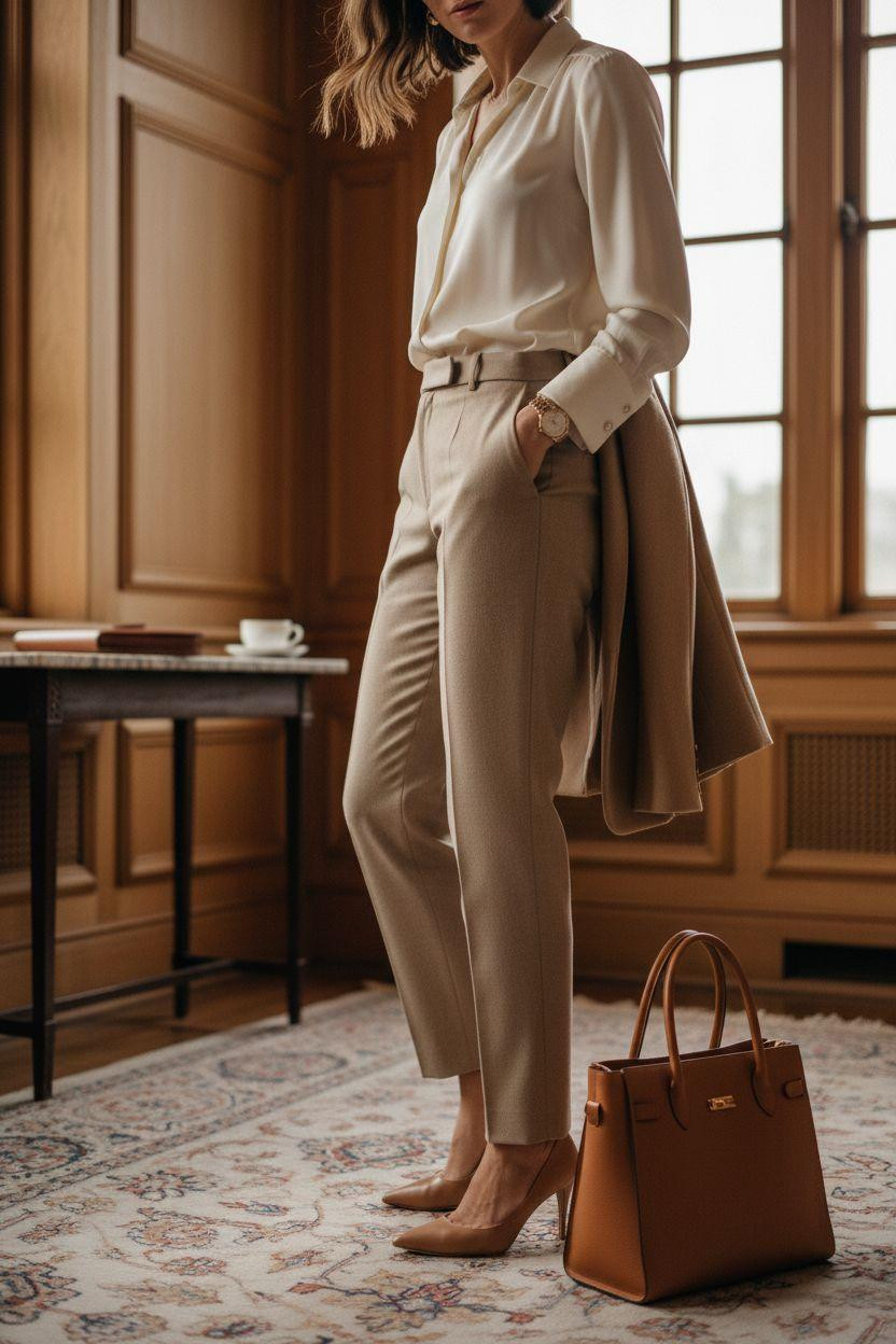 Business casual outfits with beige trousers and elegant styling