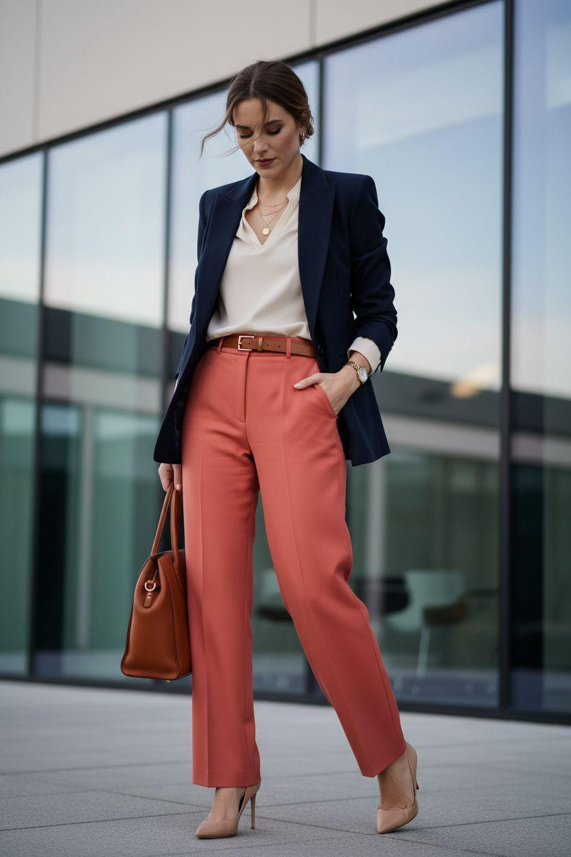 Business casual outfits with navy blazer and stylish work attire