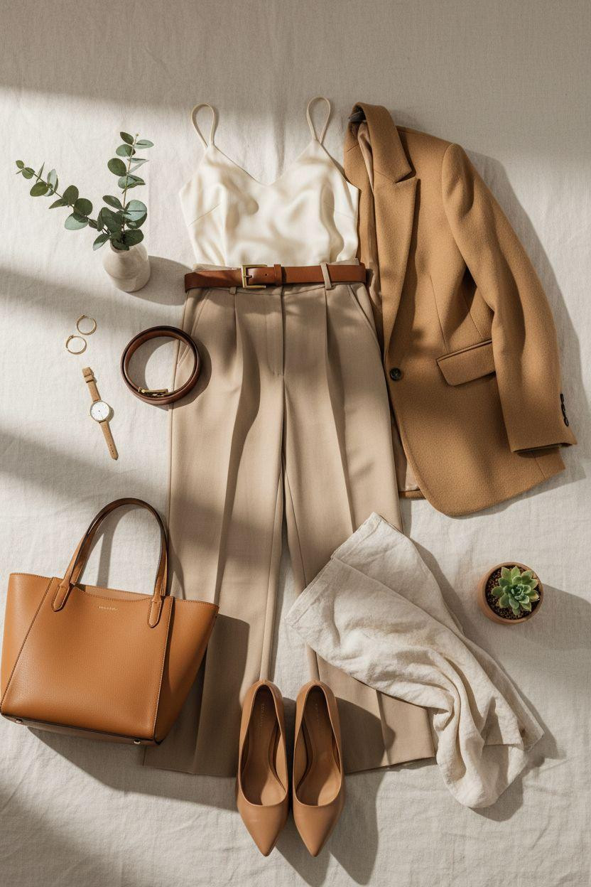 Business casual outfits with beige trousers and smart casual styling