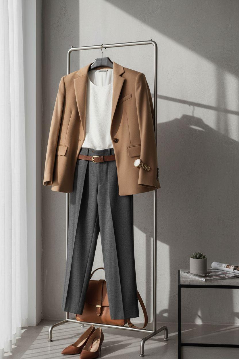 Business casual outfits with camel blazer and stylish work attire