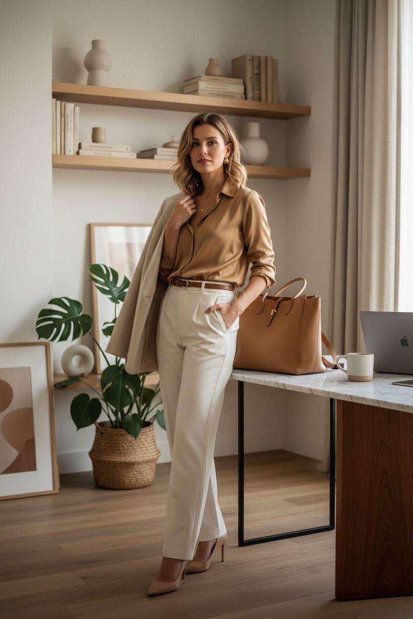 Business casual outfits with cream trousers for casual office style