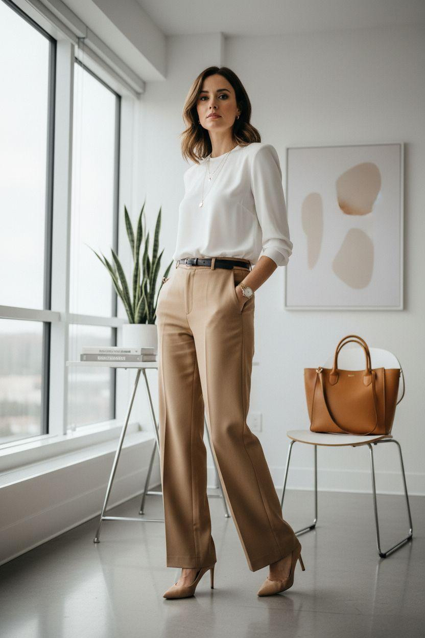 Business casual outfits with camel trousers and formal styling