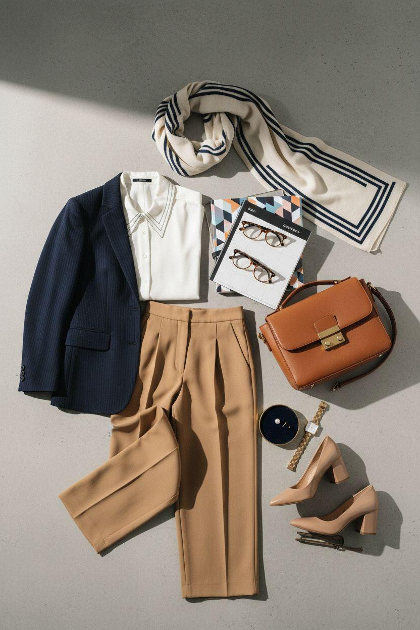 Business casual outfits with navy pinstripe blazer for teachers