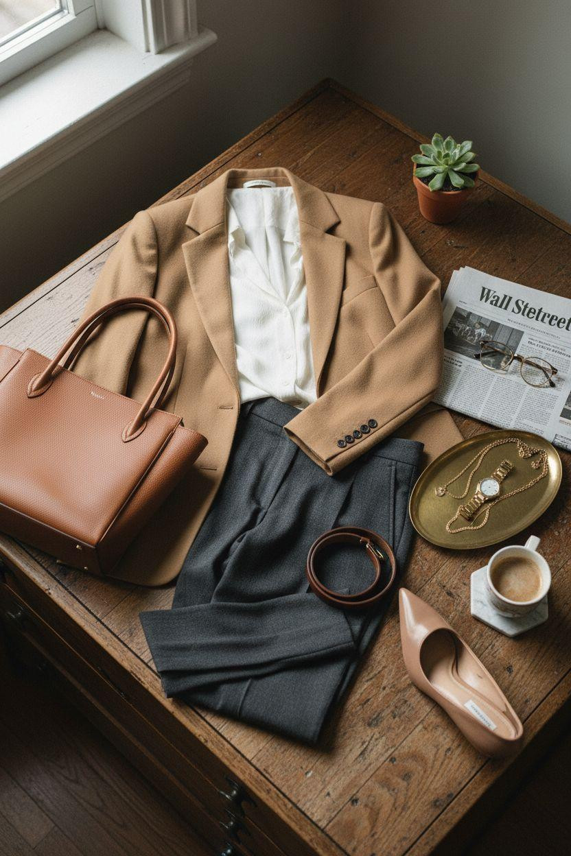 Business casual outfits with camel blazer and neutral pieces