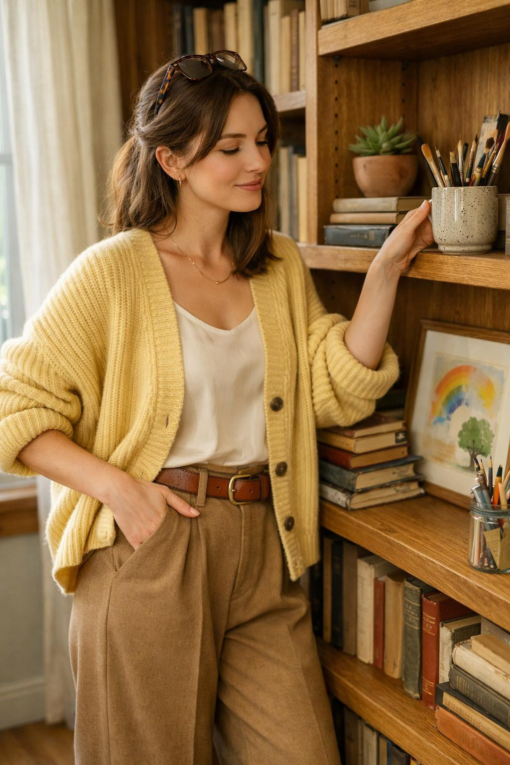 Business casual outfits with butter yellow cashmere cardigan