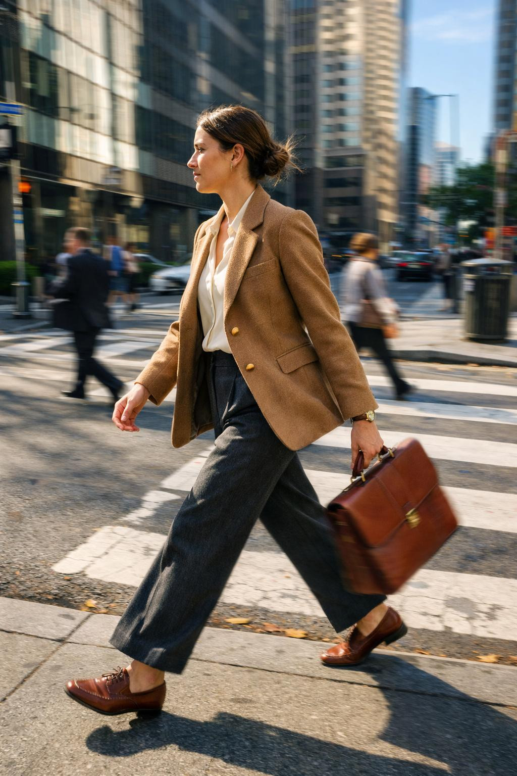 Business casual outfits with camel blazer and cognac leather accessories