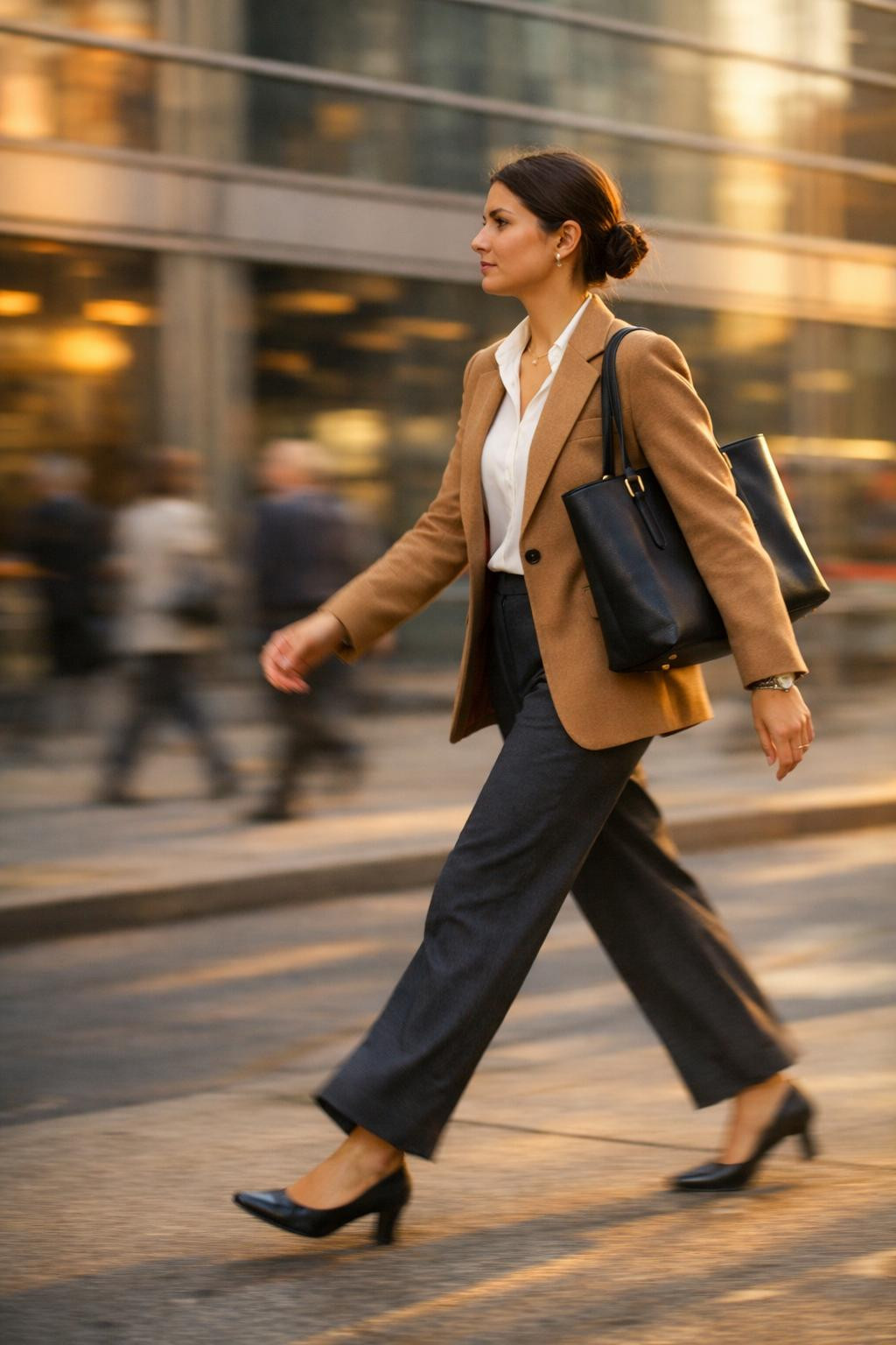 Business casual outfits featuring warm camel wool blazer