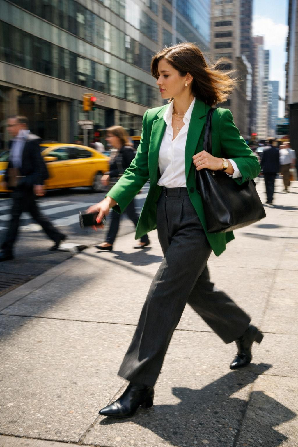 Business casual outfits with vibrant dill green tailored blazer