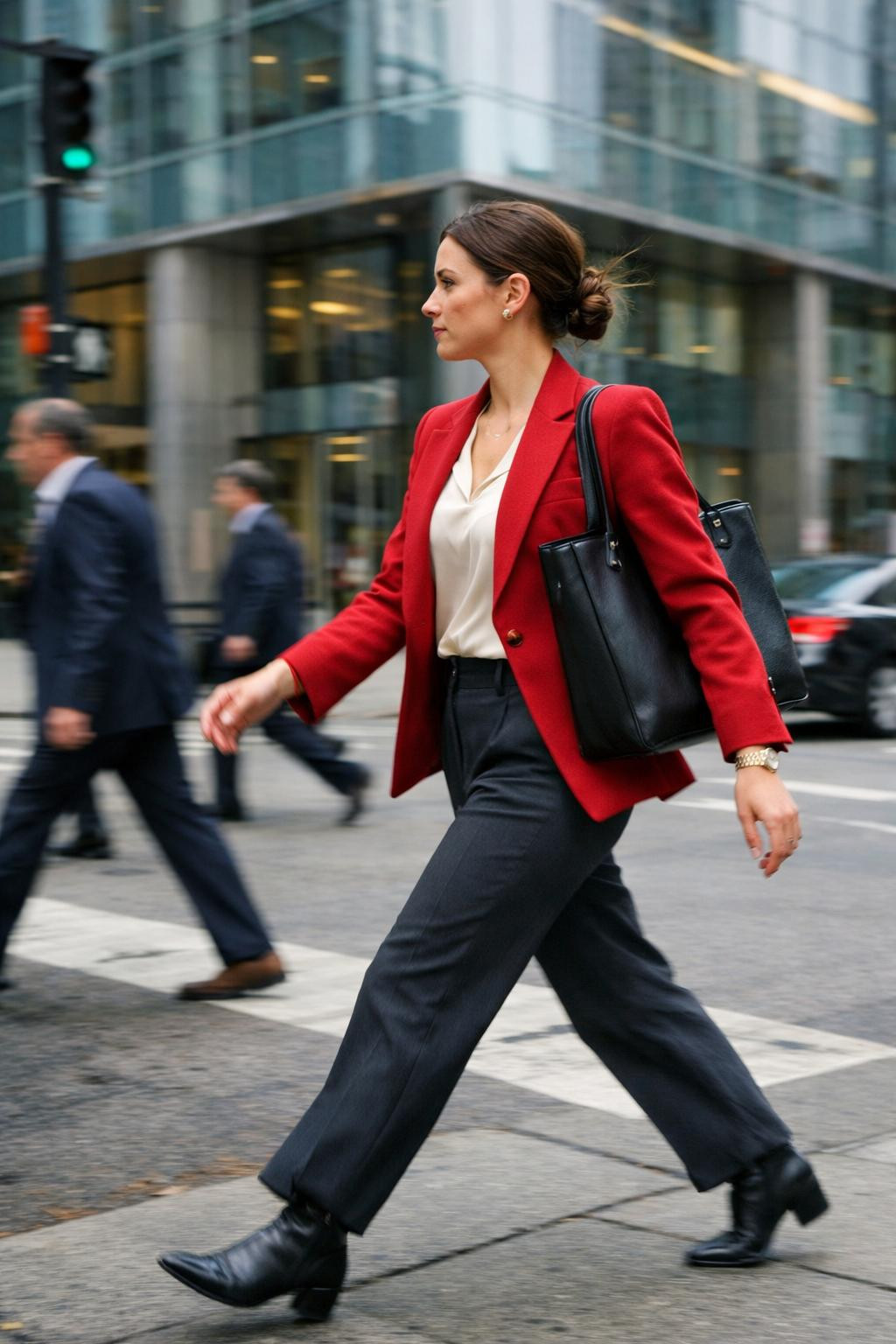 Business casual outfits featuring cherry red tailored blazer