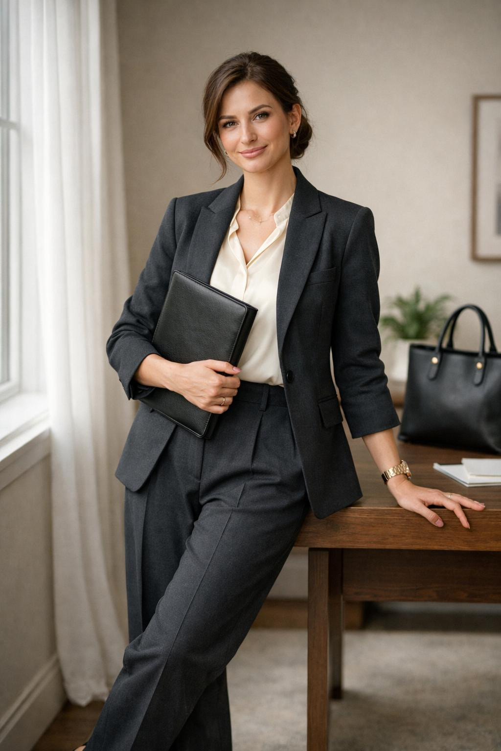 Business casual outfits featuring warm ivory silk blouse