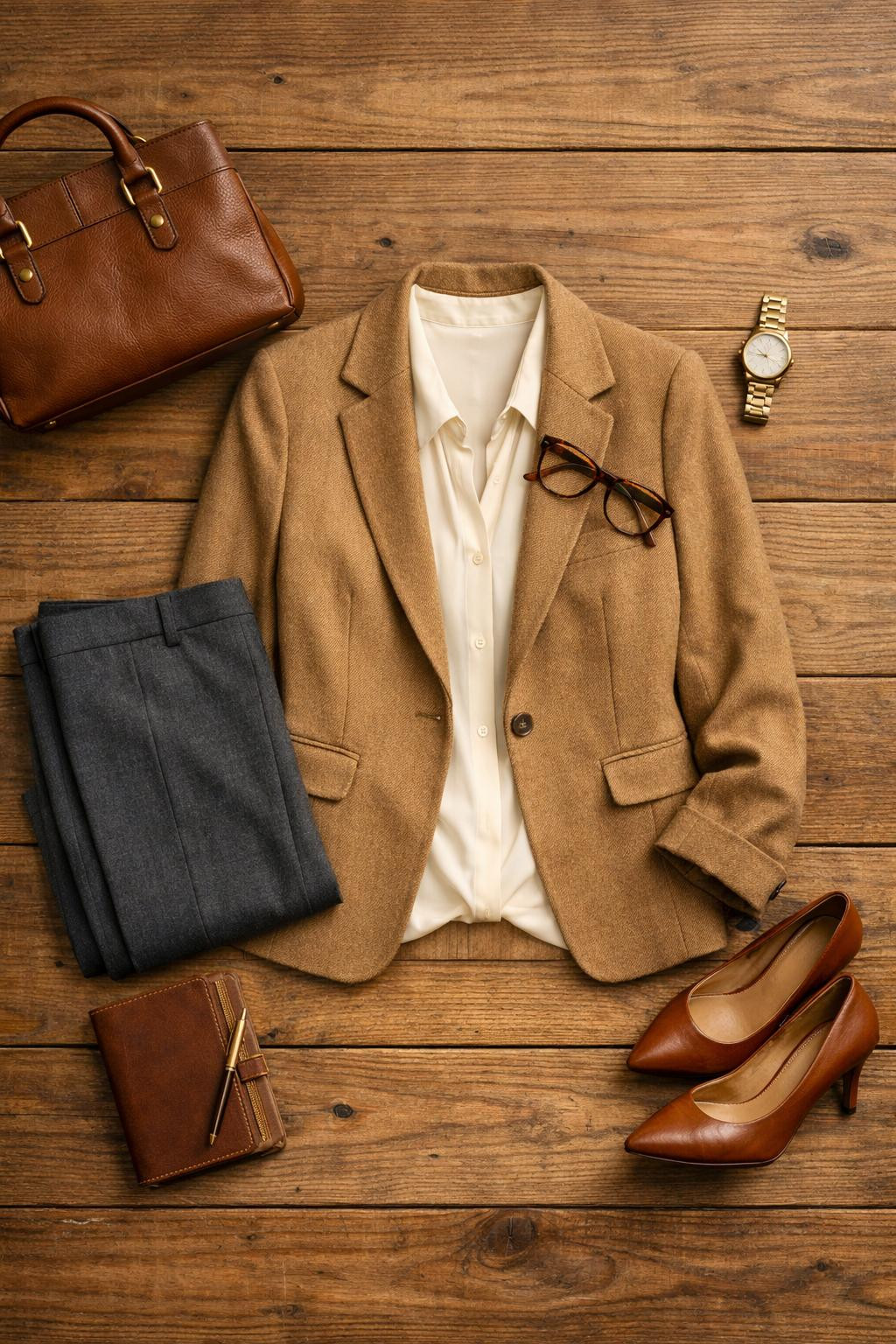 Business casual outfits with warm camel blazer and cream silk blouse