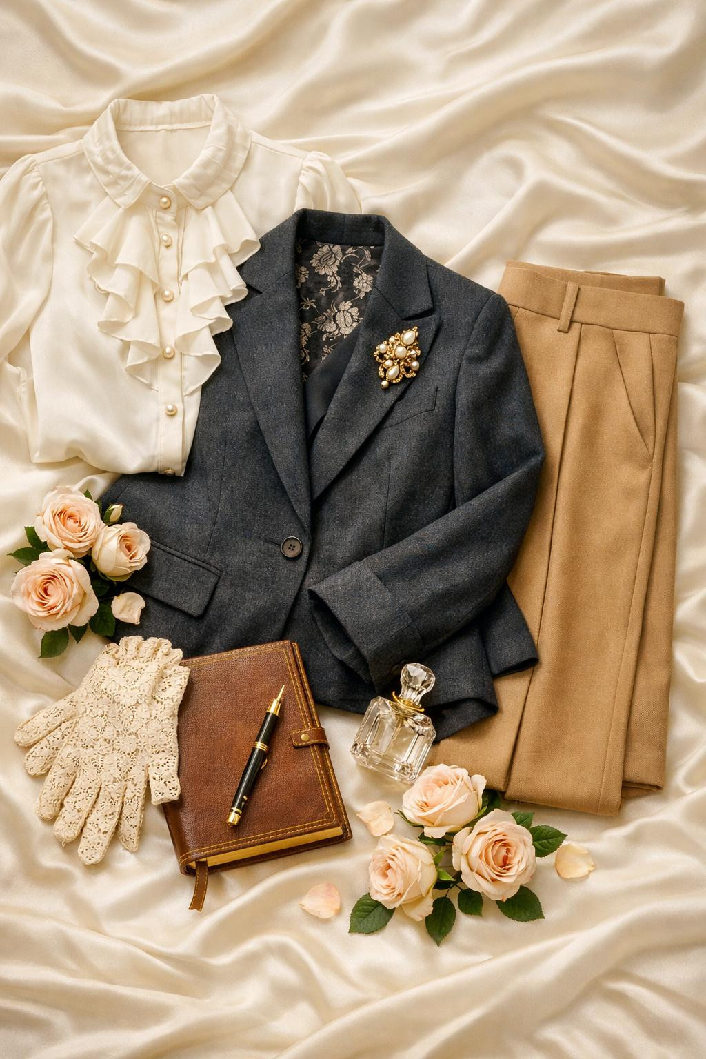 Rococo business attire flat lay with ivory silk and lace gloves