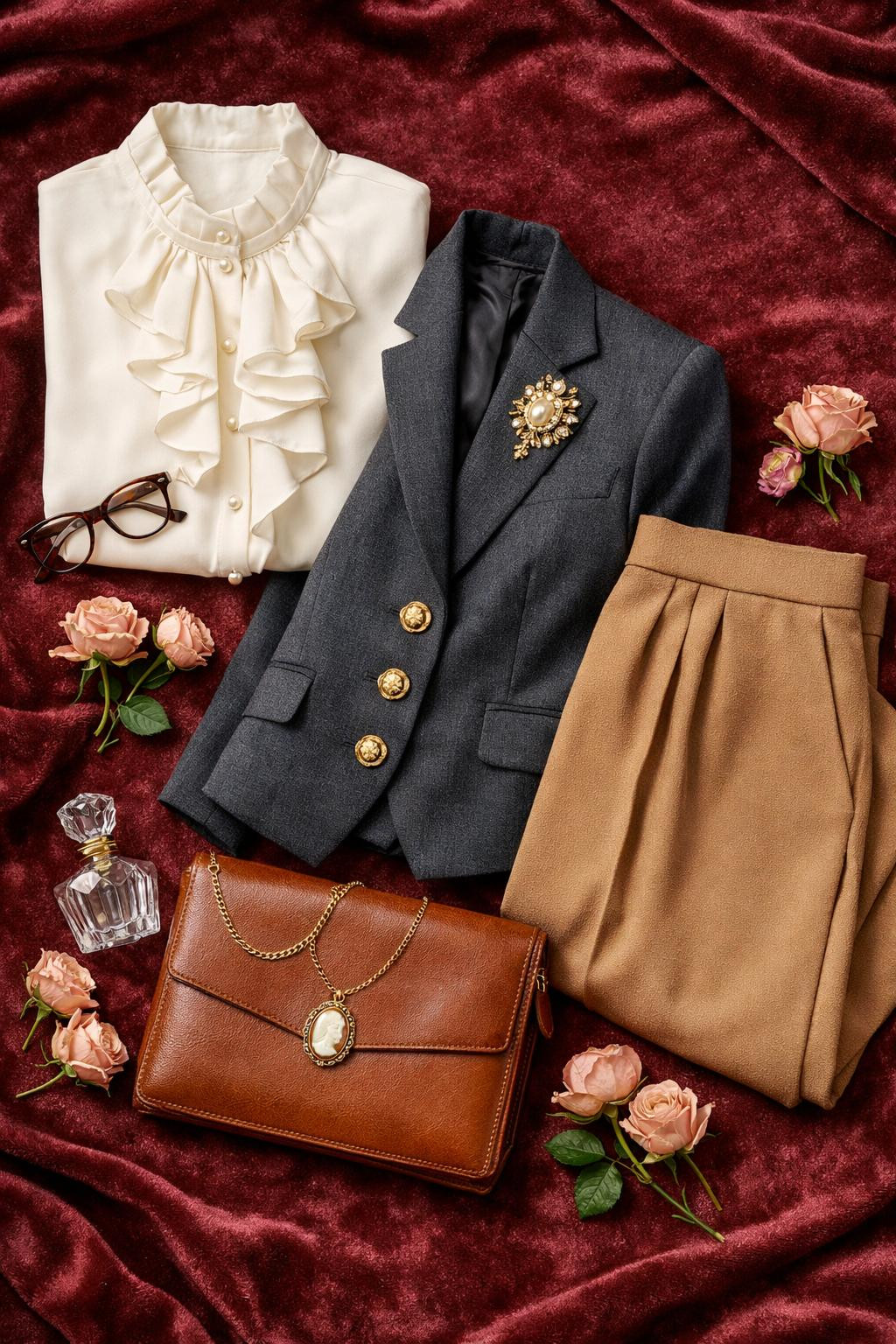 Rococo business attire flat lay on burgundy velvet with gold accessories