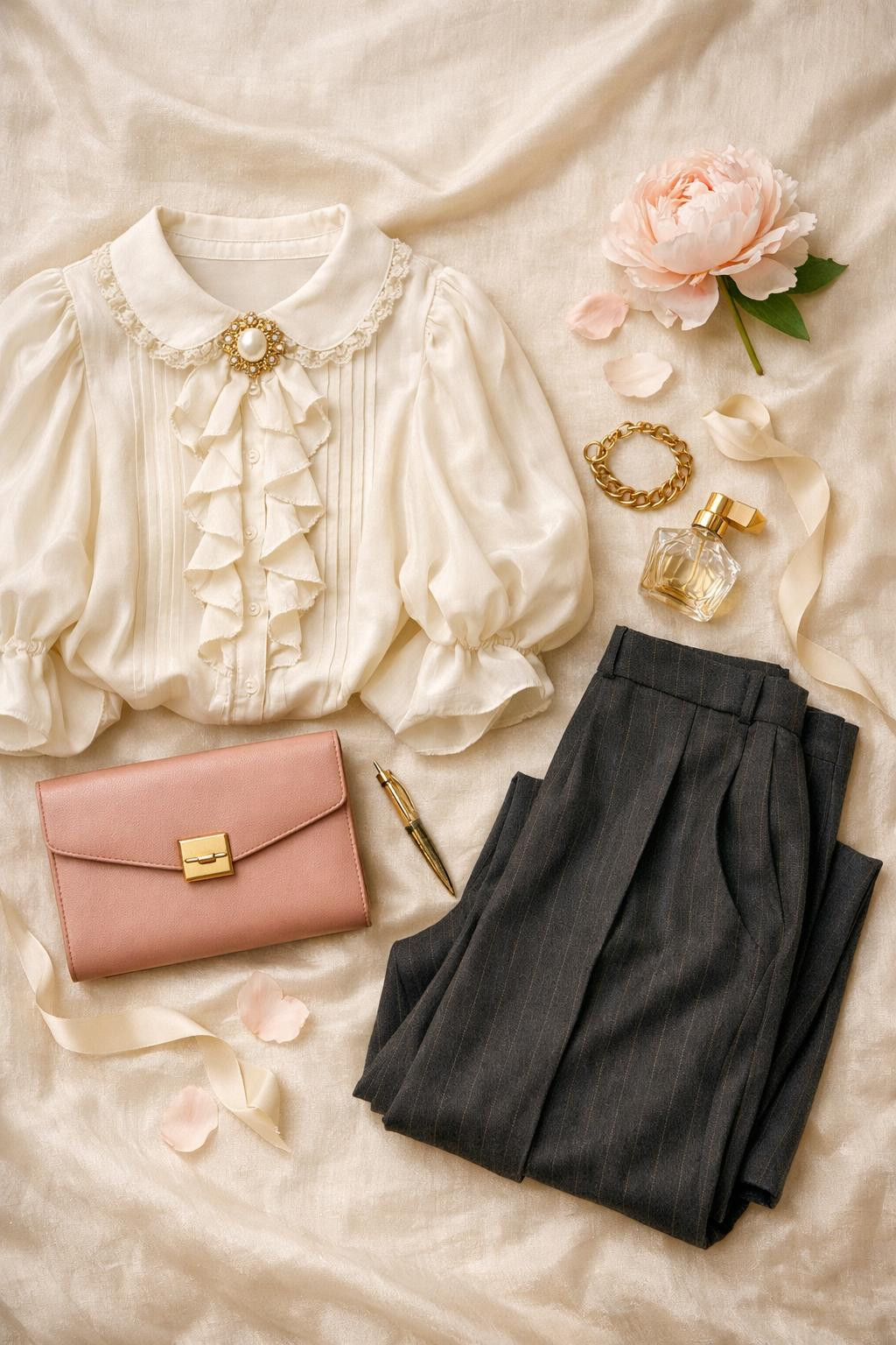 Rococo business attire flat lay featuring ivory silk and accessories