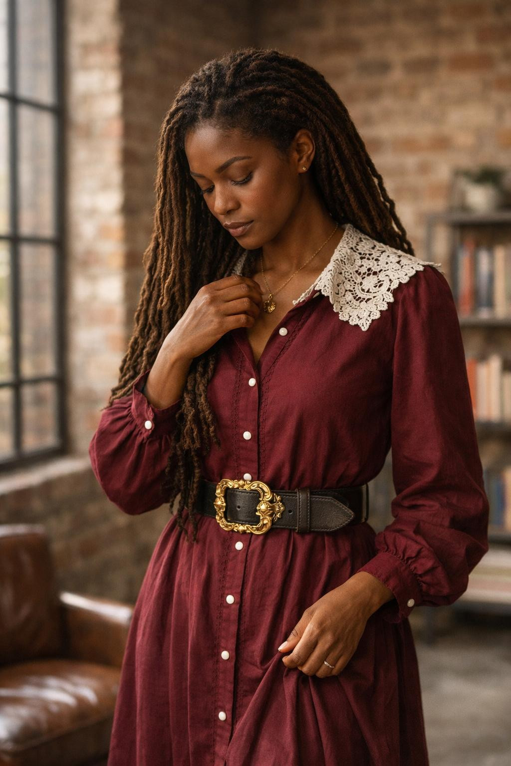 Rococo business attire with burgundy dress in industrial loft setting