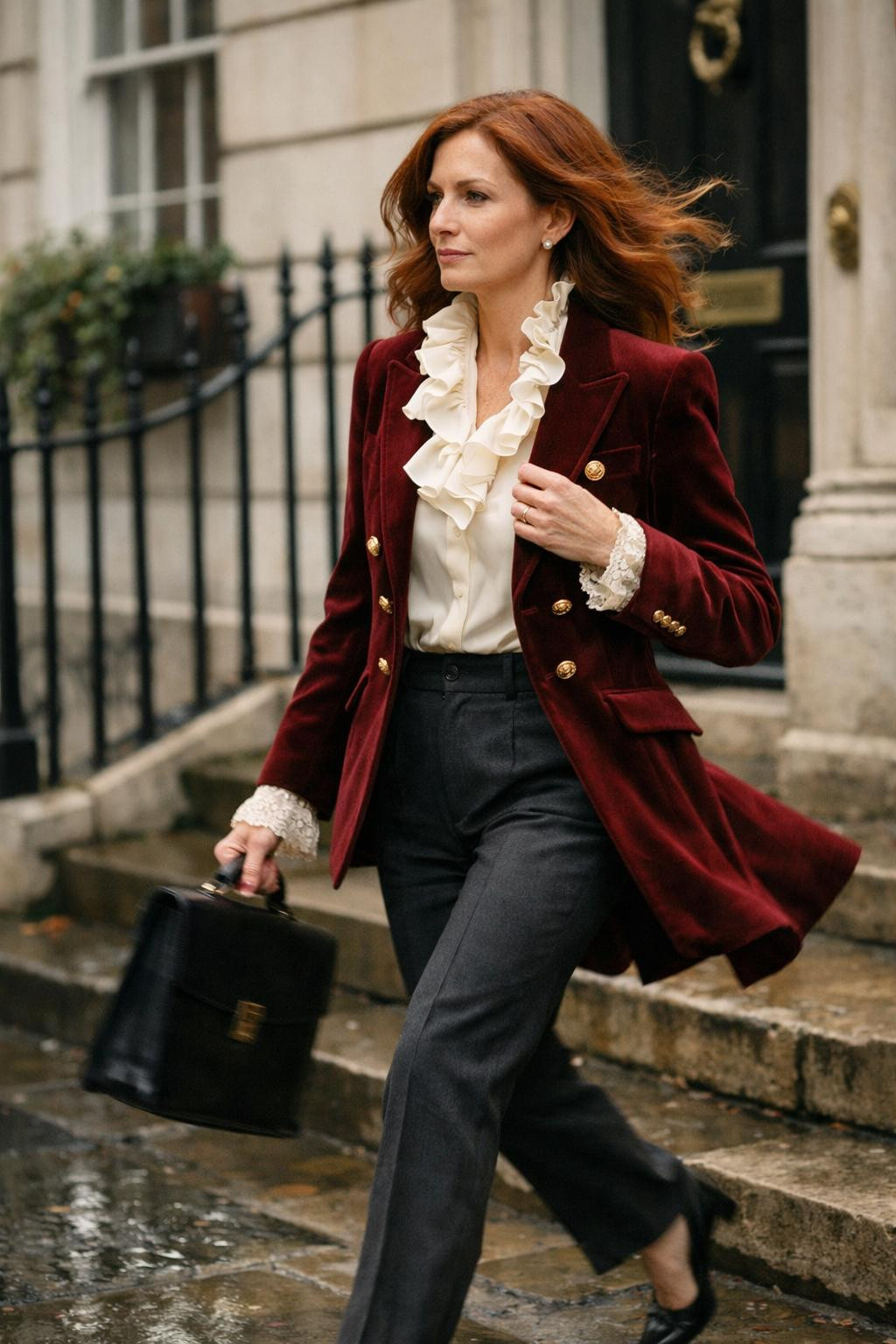 Rococo business attire captured in motion on London townhouse steps