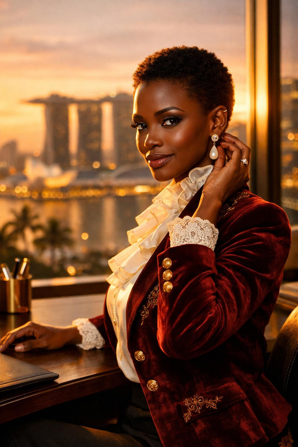 Rococo business attire with burgundy velvet blazer in Singapore office setting