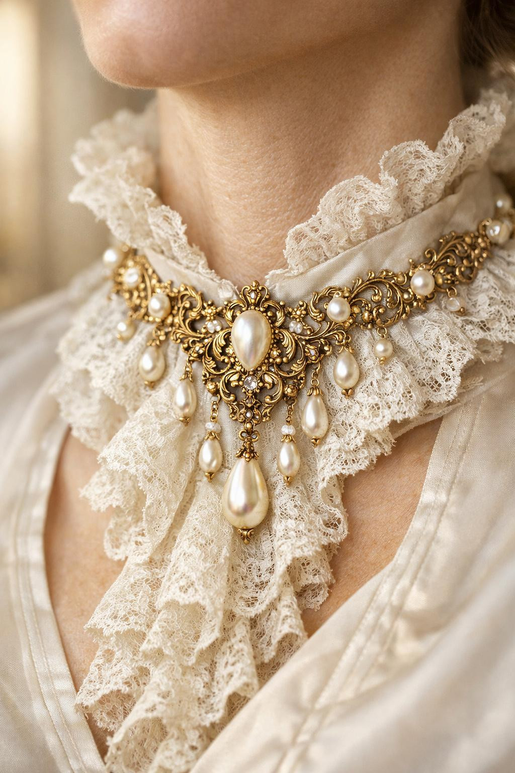 Rococo business attire featuring ornate pearl choker and Victorian lace collar