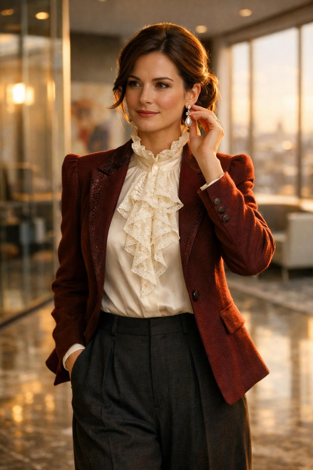 Rococo business attire in Copenhagen office with soft natural lighting