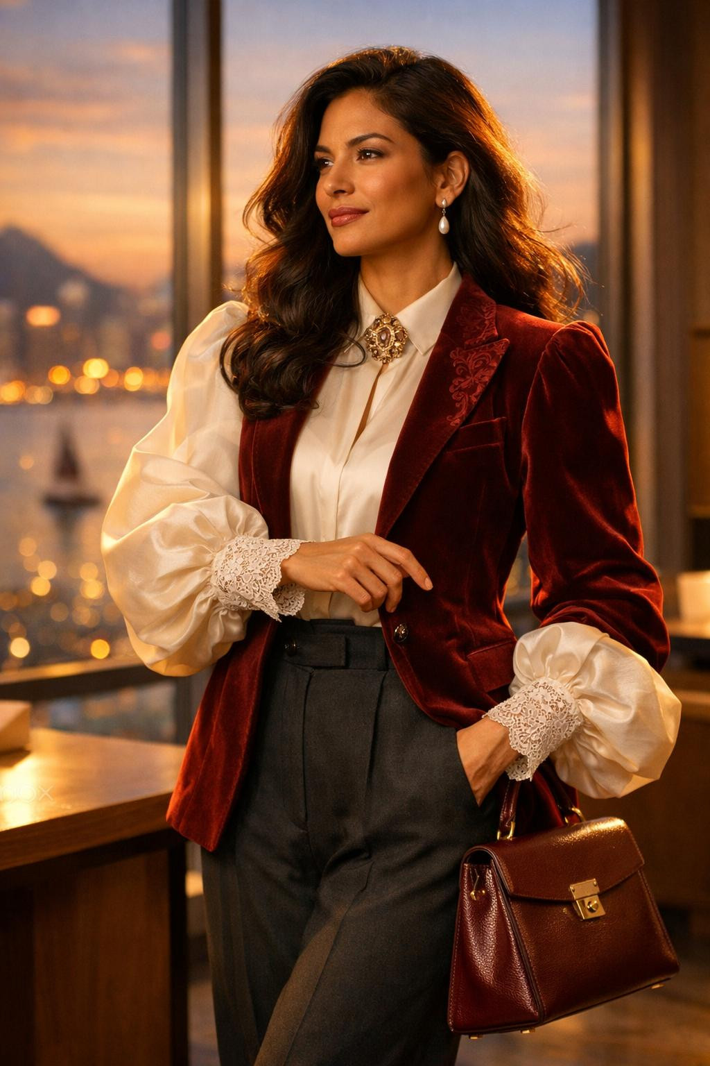 Rococo business attire with burgundy velvet blazer against tropical harbour view