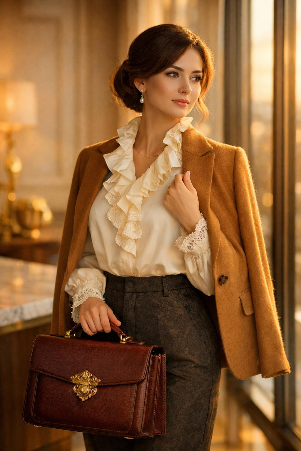Rococo business attire with ivory silk blouse in elegant office interior