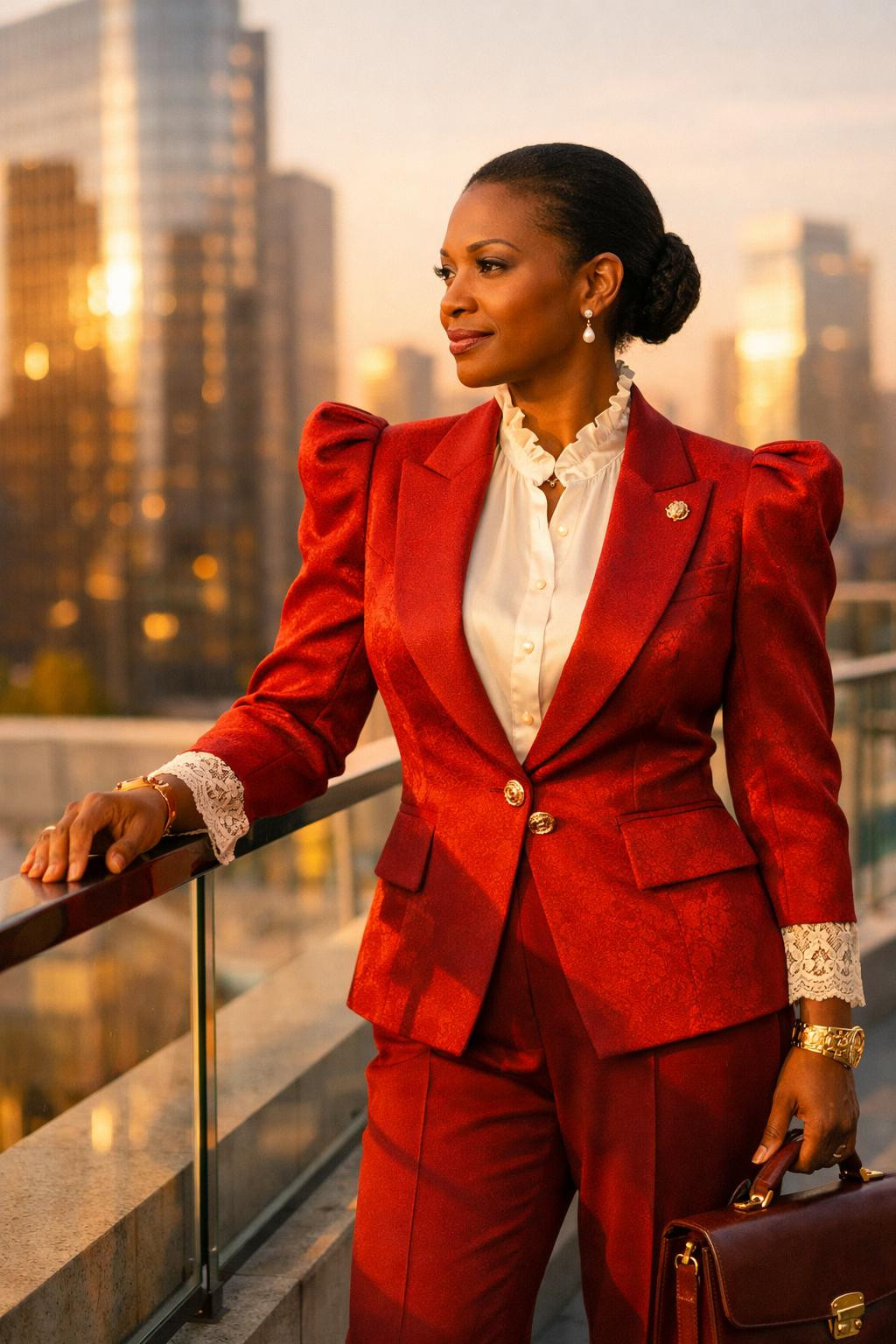 Rococo business attire featuring cherry red blazer with baroque gold buttons