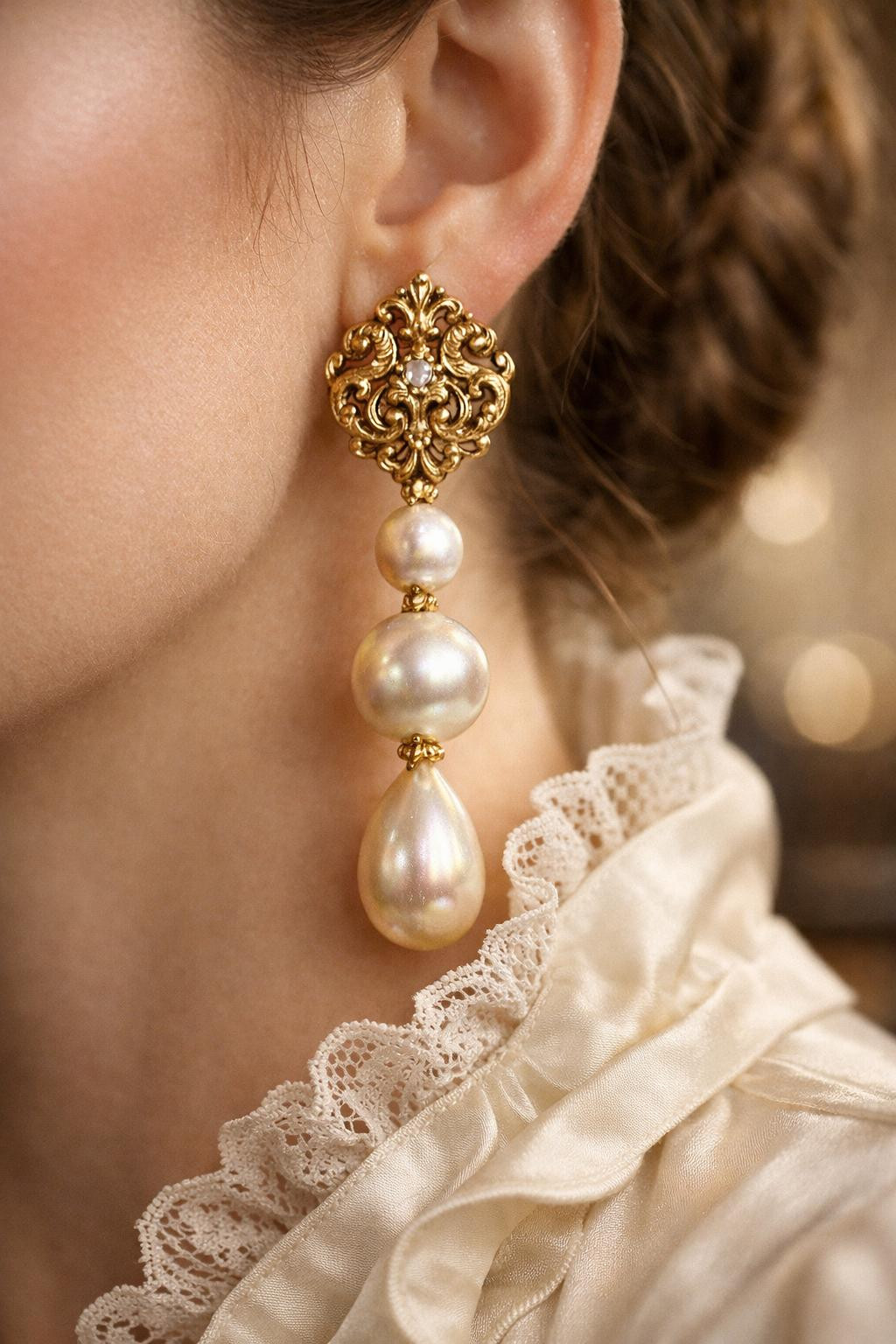 Rococo business attire accessories featuring pearl drop earrings and lace detail