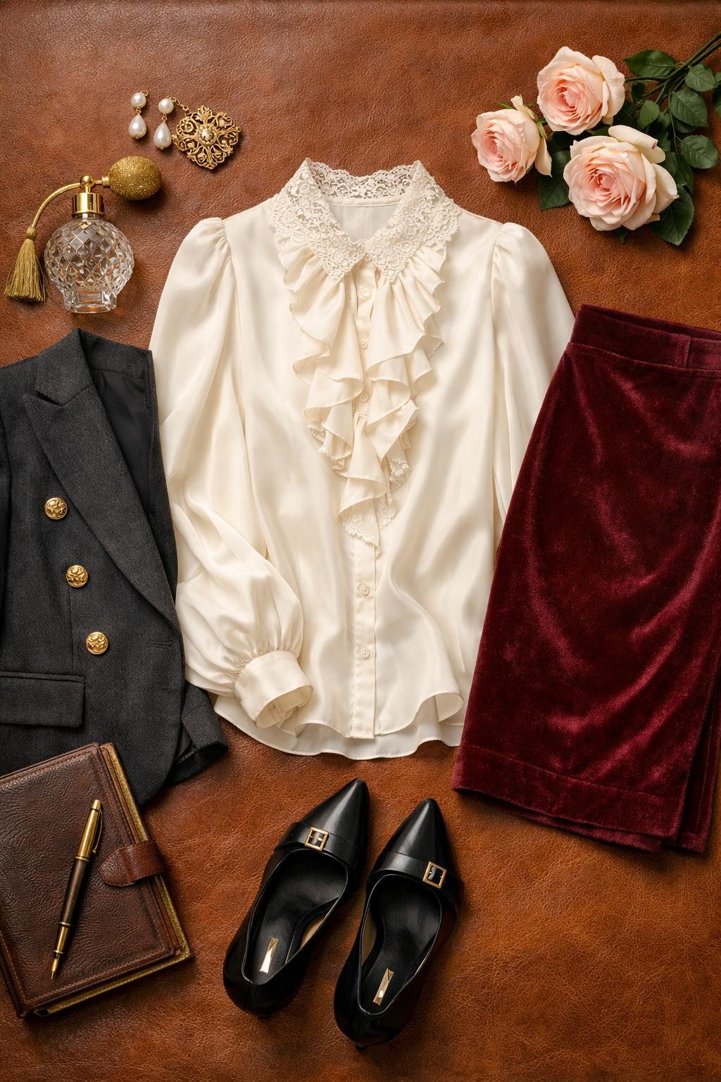 Rococo business attire flat lay on cognac leather with baroque accessories