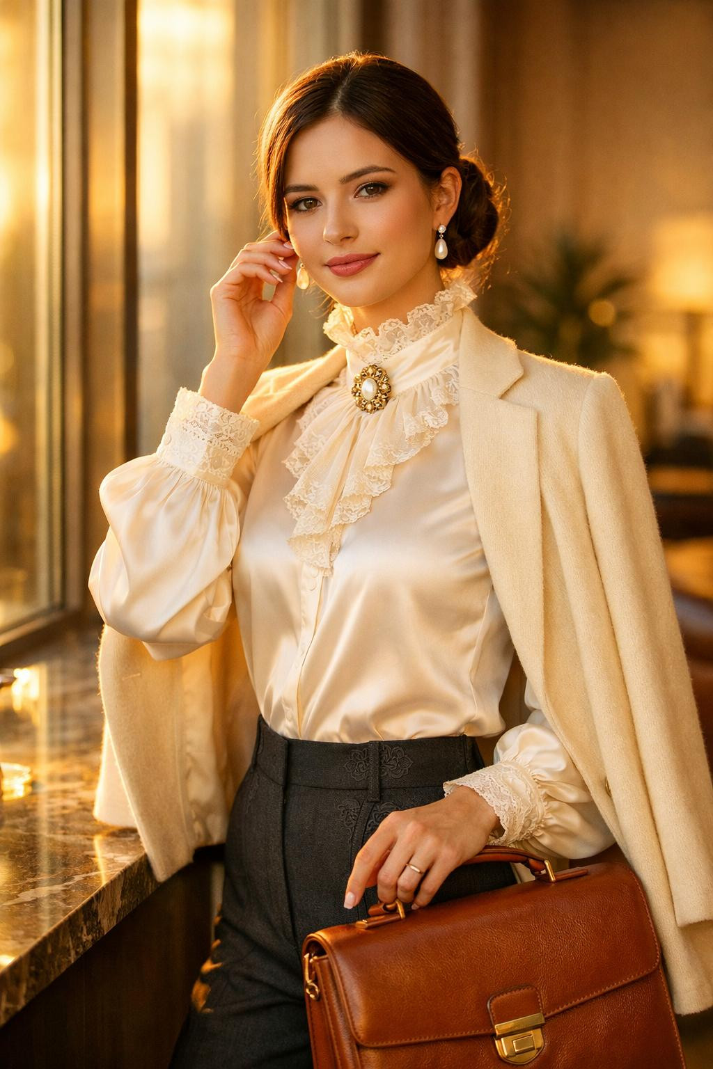 Rococo business attire with cashmere blazer in modern office with large windows