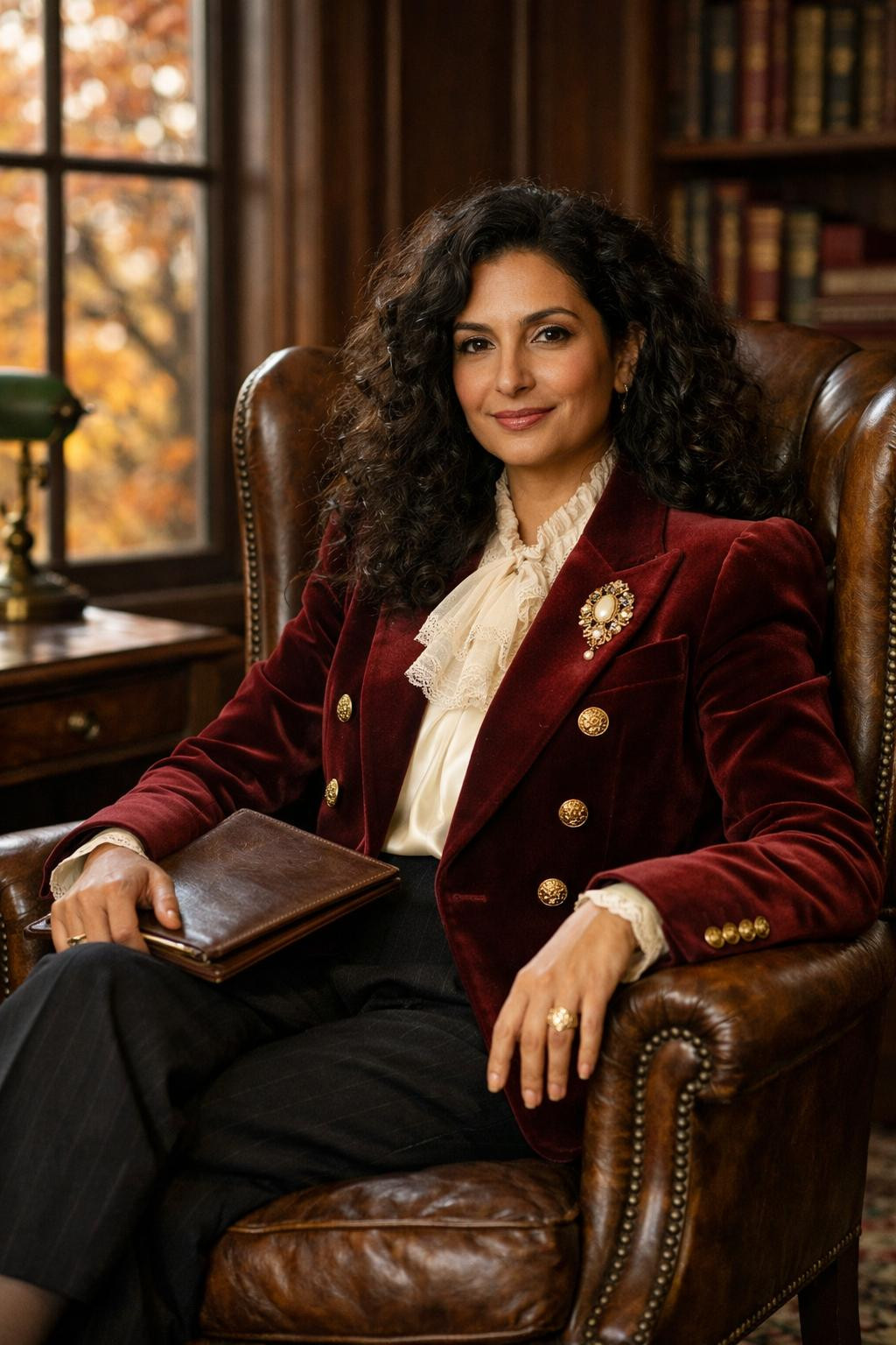 Rococo business attire featuring double-breasted burgundy blazer in autumn setting