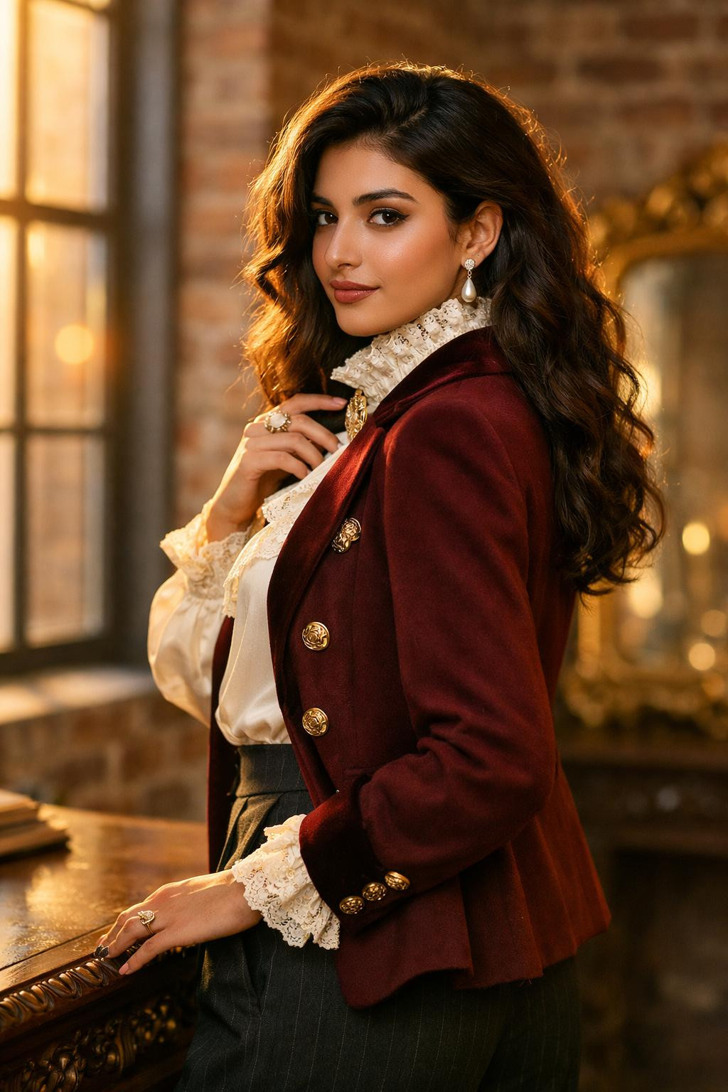 Rococo business attire with burgundy velvet blazer in industrial setting