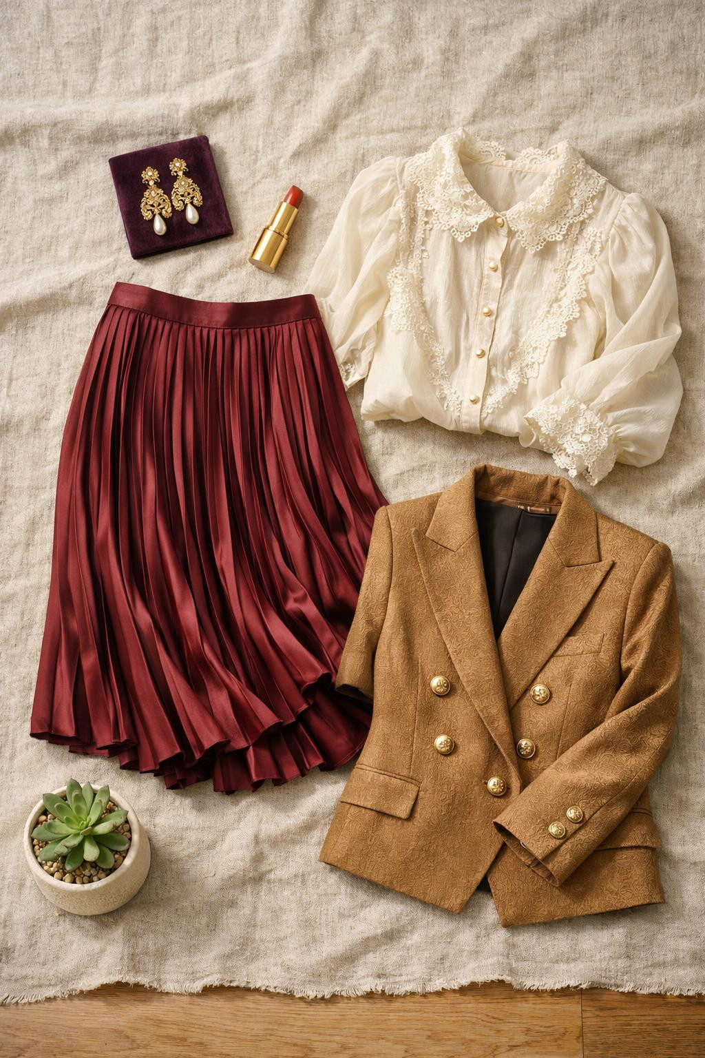 Rococo business attire flat lay with burgundy pleated skirt and accessories
