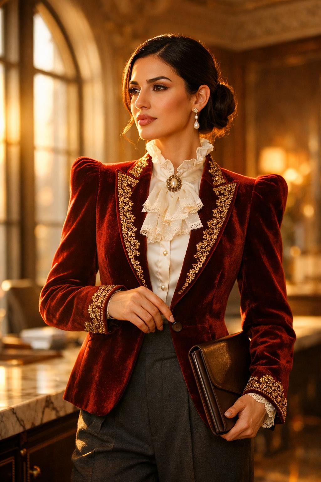 Rococo business attire with burgundy velvet blazer and gold embroidery