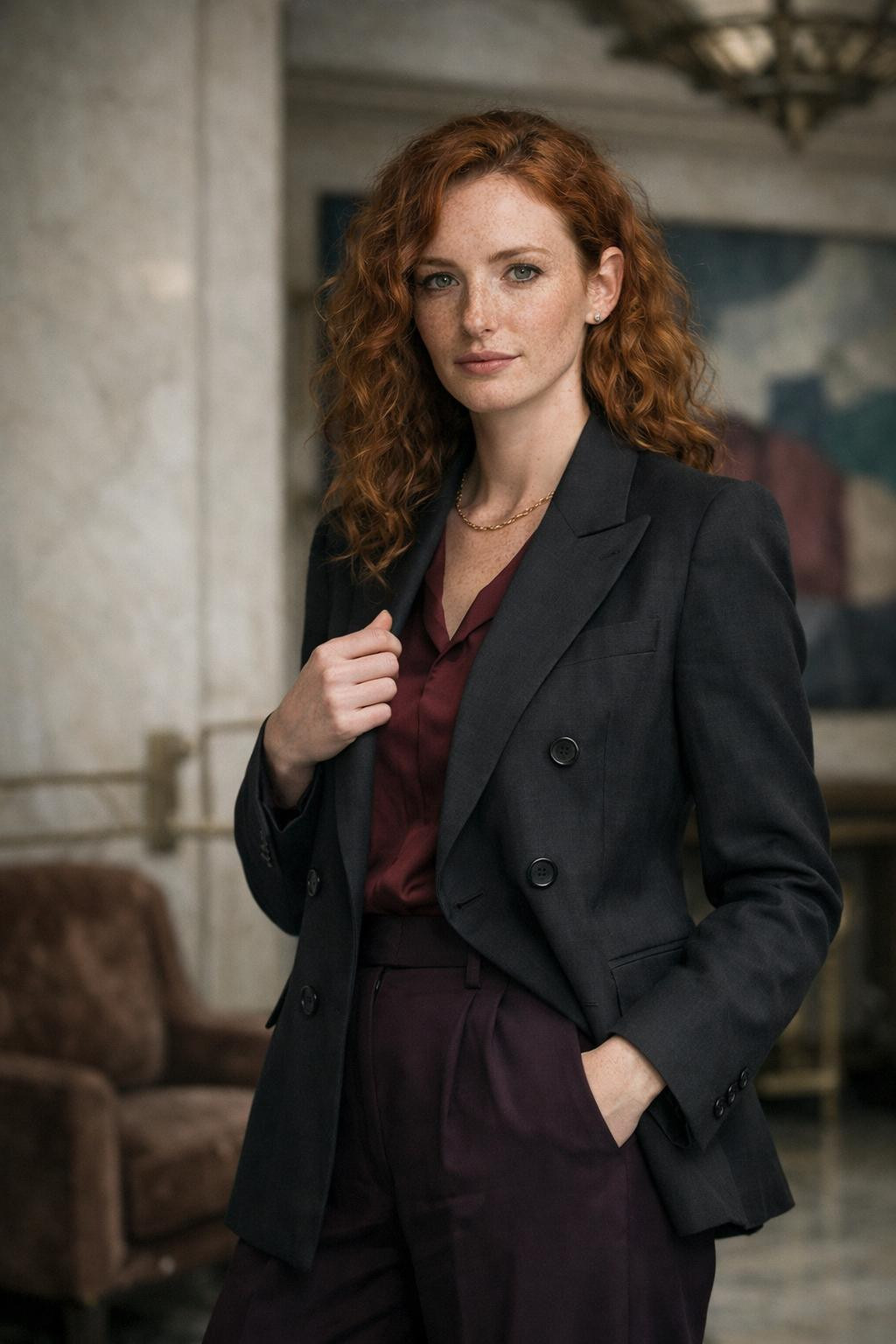 Gothic business casual featuring charcoal power blazer with burgundy silk in art deco lobby