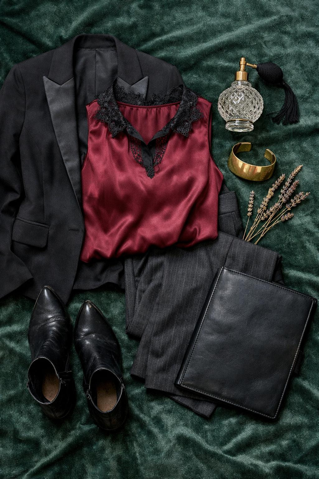 Gothic business casual flat lay featuring black blazer with satin lapels on green velvet