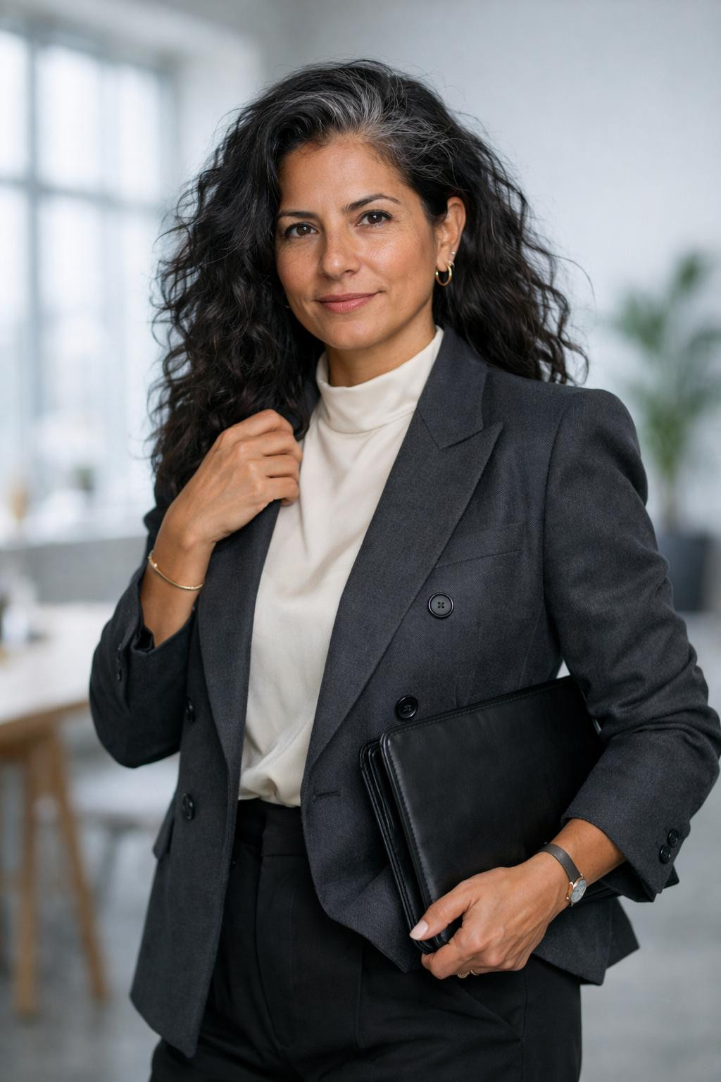 Gothic business casual featuring charcoal double-breasted blazer with structured shoulders