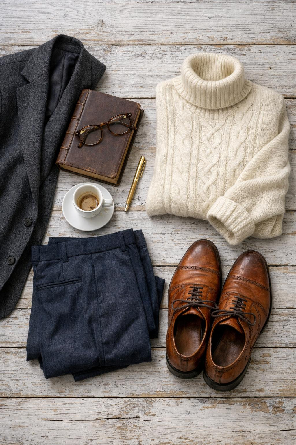 Gothic business casual flat lay with charcoal blazer and cognac Oxford shoes on barn wood