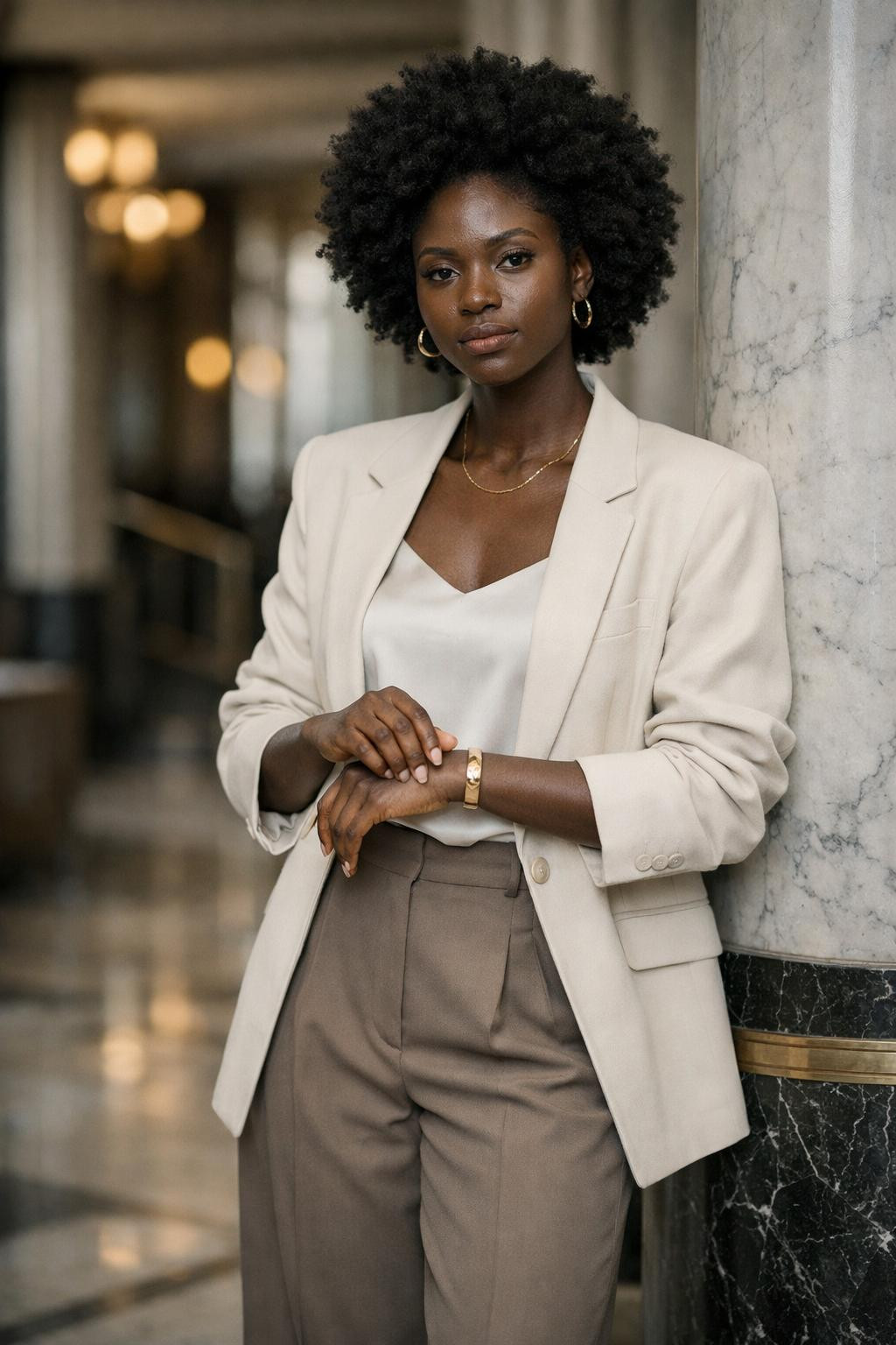 Gothic business casual with cream blazer and taupe trousers in art deco lobby