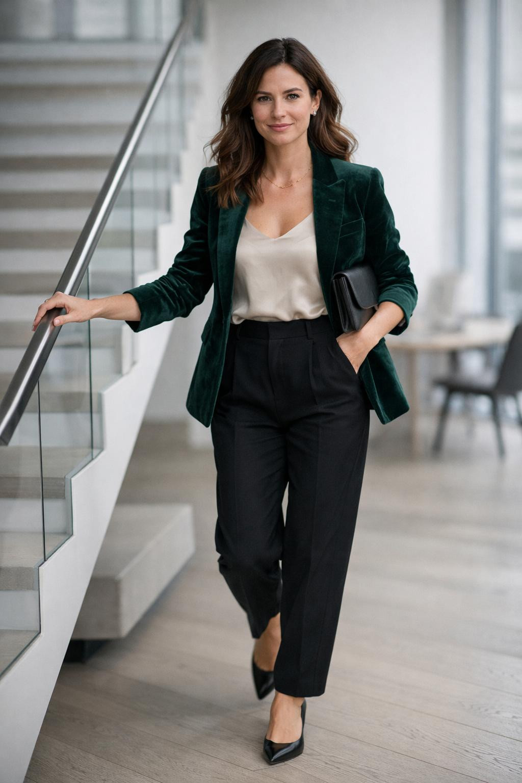 Gothic business casual featuring emerald velvet blazer descending Copenhagen staircase