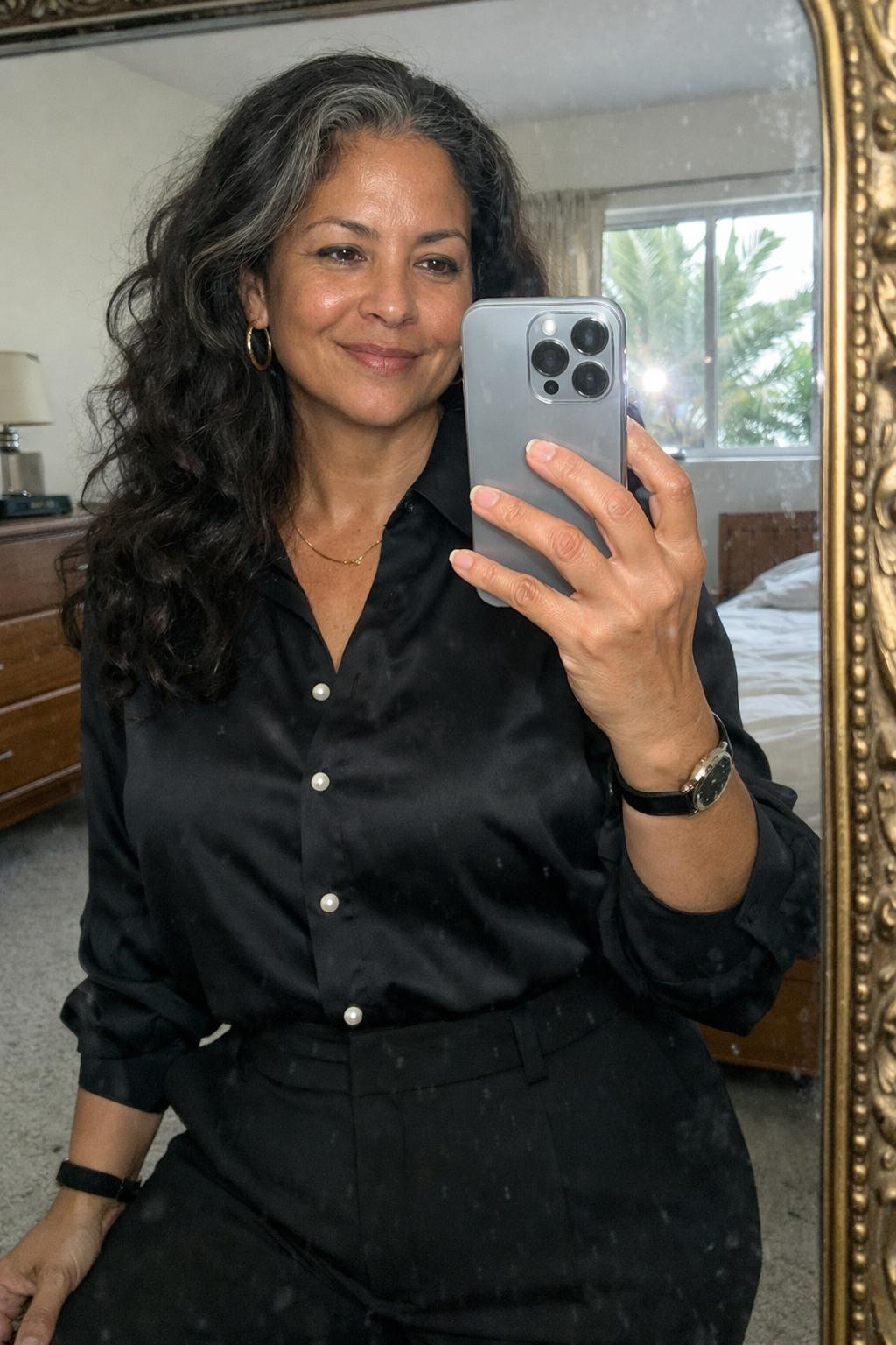 Gothic business casual mirror selfie featuring jet black silk blouse and tailored trousers