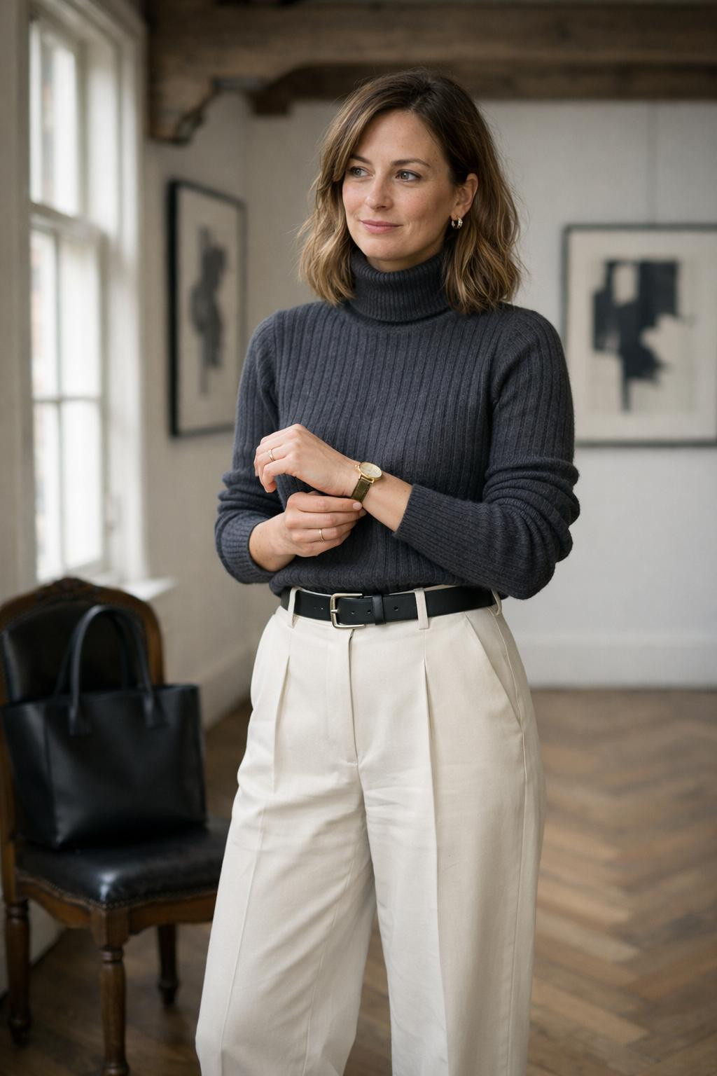 Gothic business casual with charcoal turtleneck and cream wide-leg trousers in gallery setting
