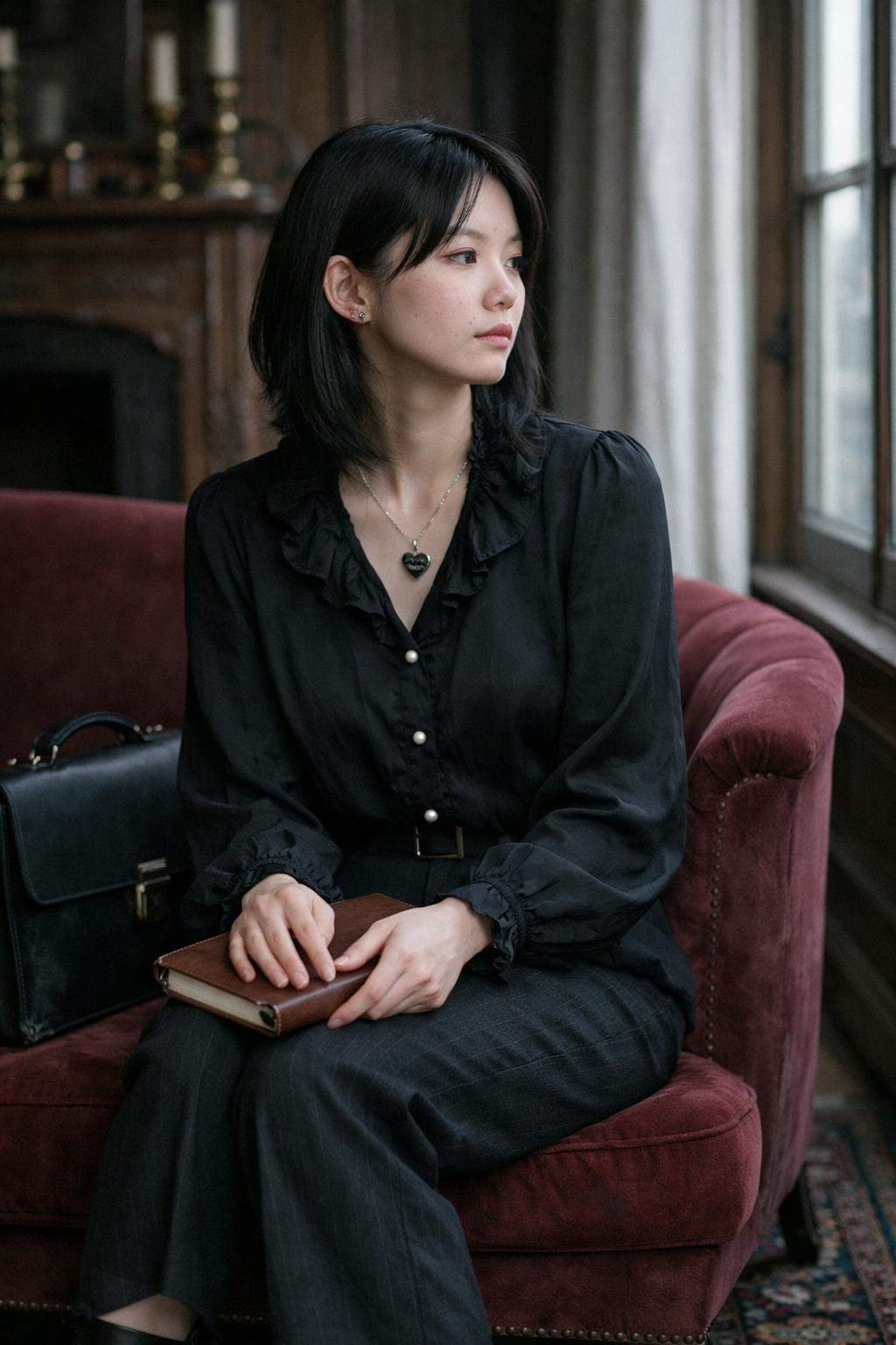 Gothic business casual featuring romantic poet blouse with pearl buttons and ruffled collar