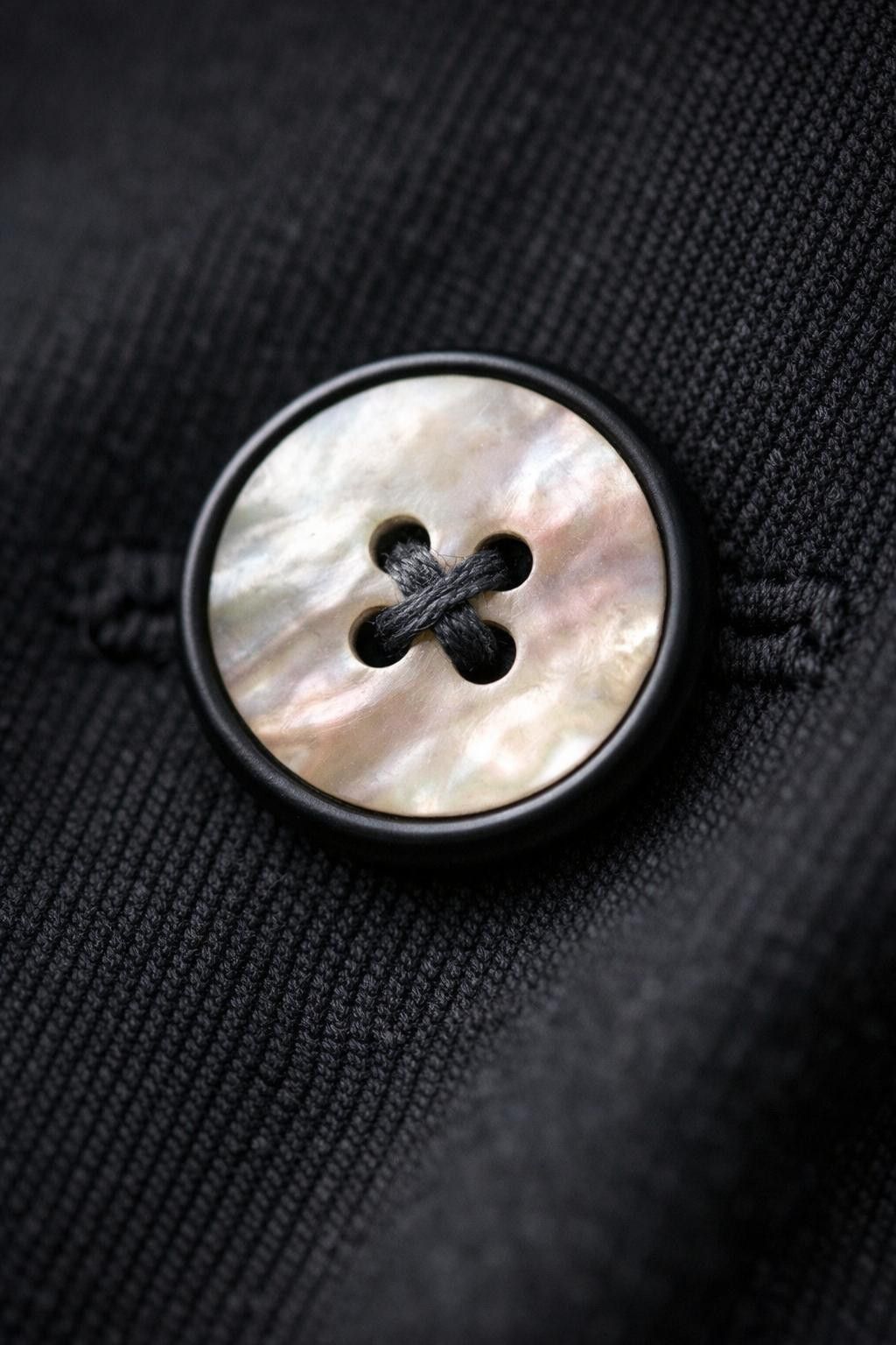 Gothic business casual featuring mother-of-pearl button on charcoal wool blazer