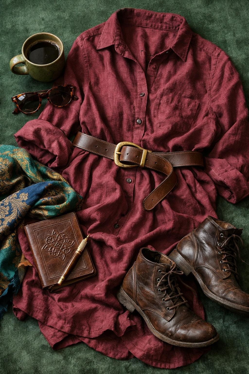 Gothic business casual flat lay with burgundy shirt dress and gold-buckled leather belt