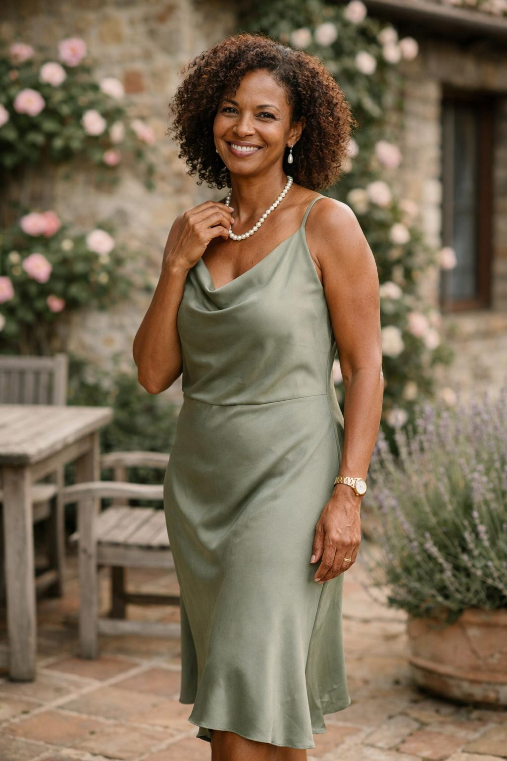 Preppy office outfits featuring sage silk dress outdoors