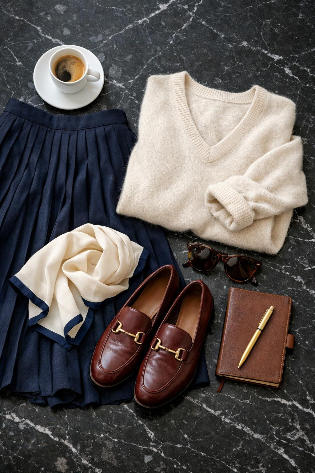 Preppy office outfits with navy pleated skirt and cream sweater