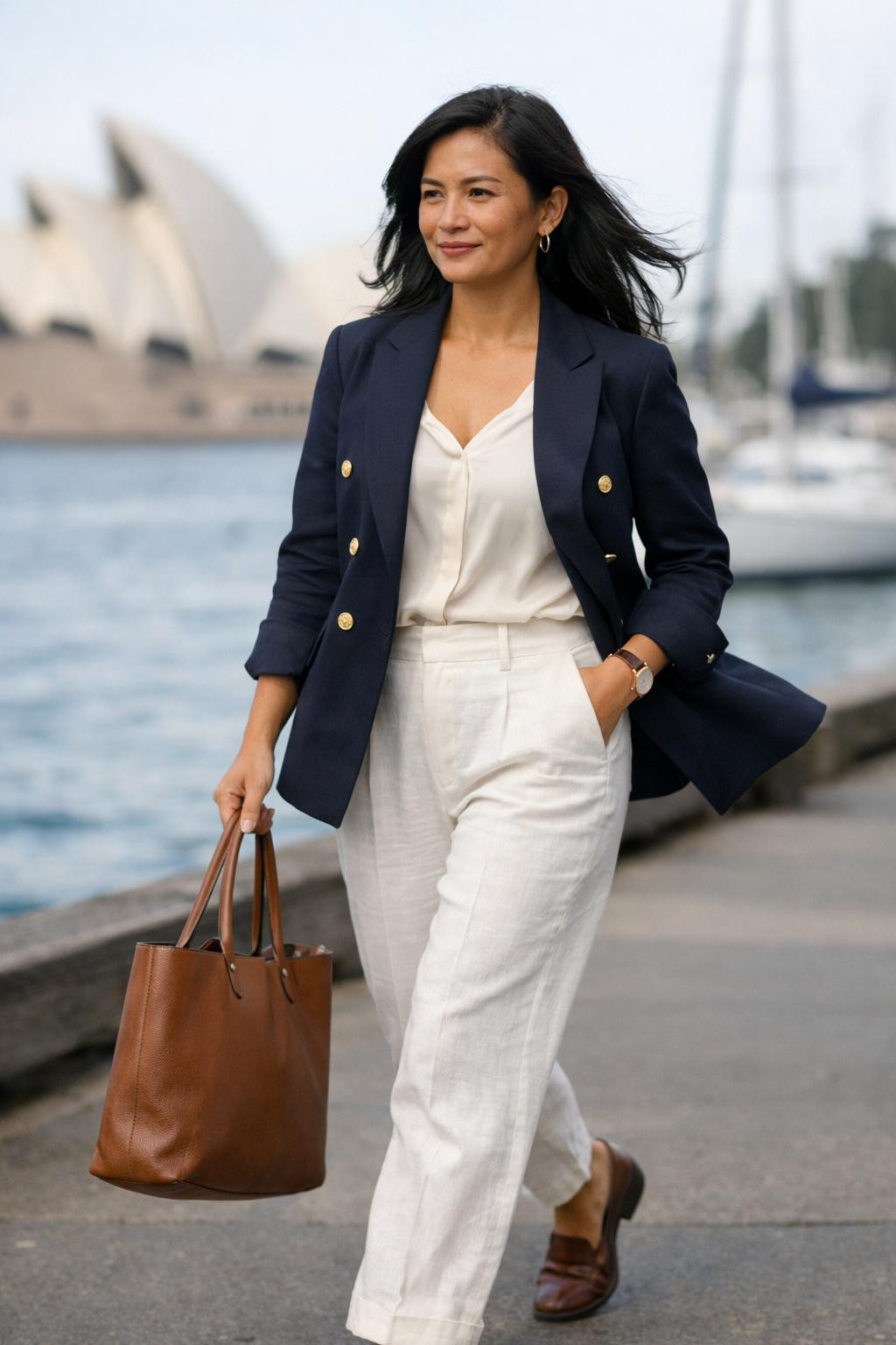 Preppy office outfits featuring navy nautical blazer harborside