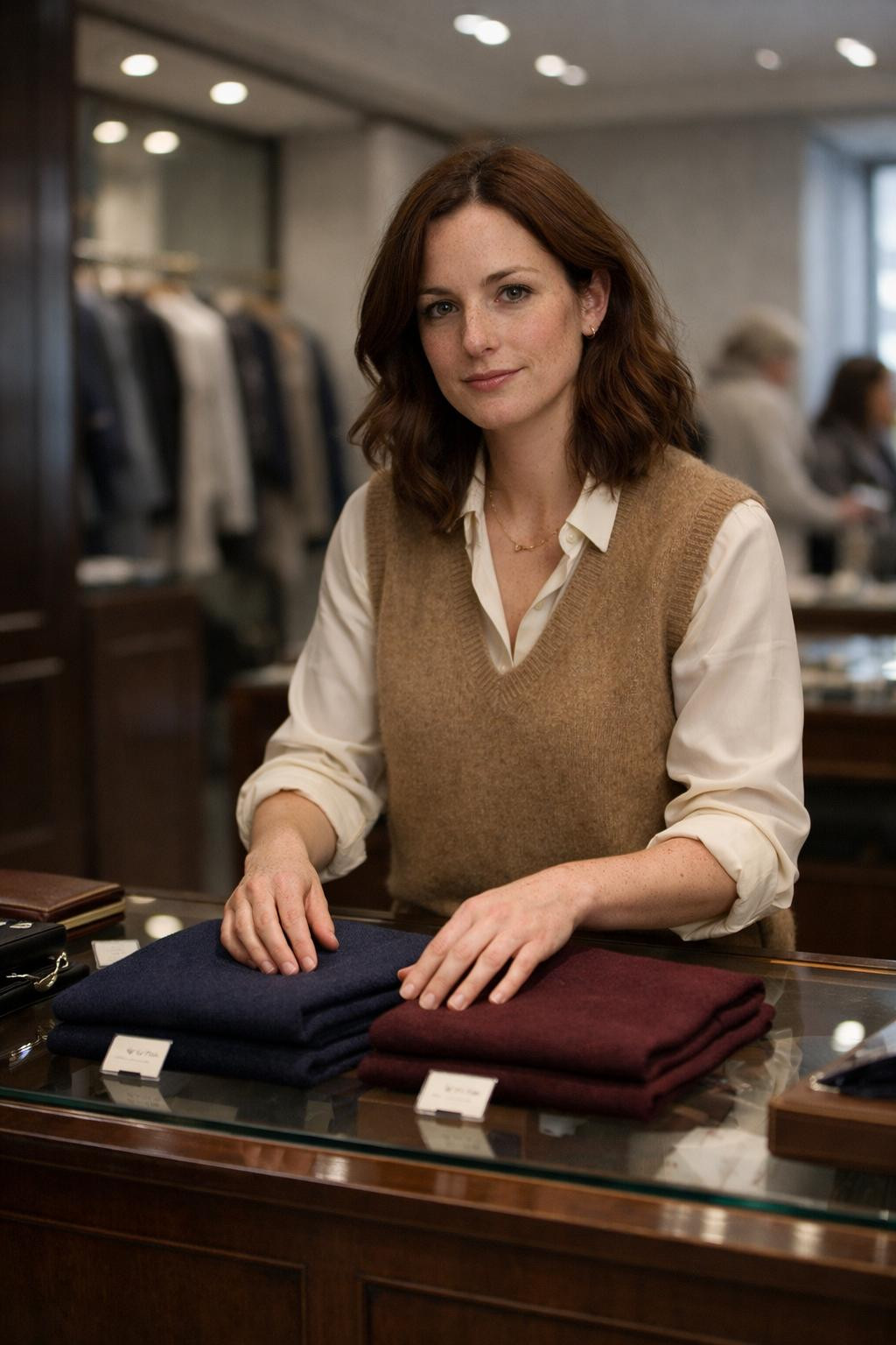Preppy office outfits with camel cashmere vest display