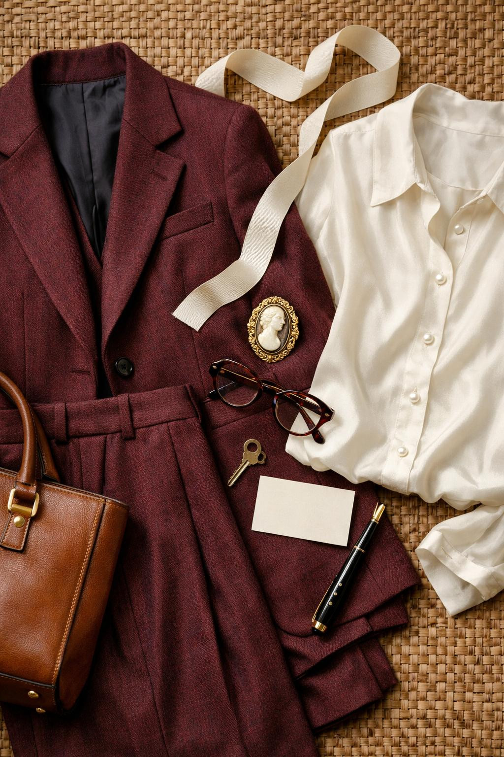 Preppy office outfits featuring burgundy herringbone suit